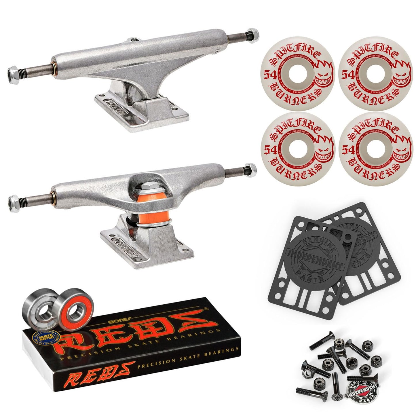 Independent Skateboard Trucks 139 Mid + 54mm Spitfire Burners Wheels, Bones Bearings