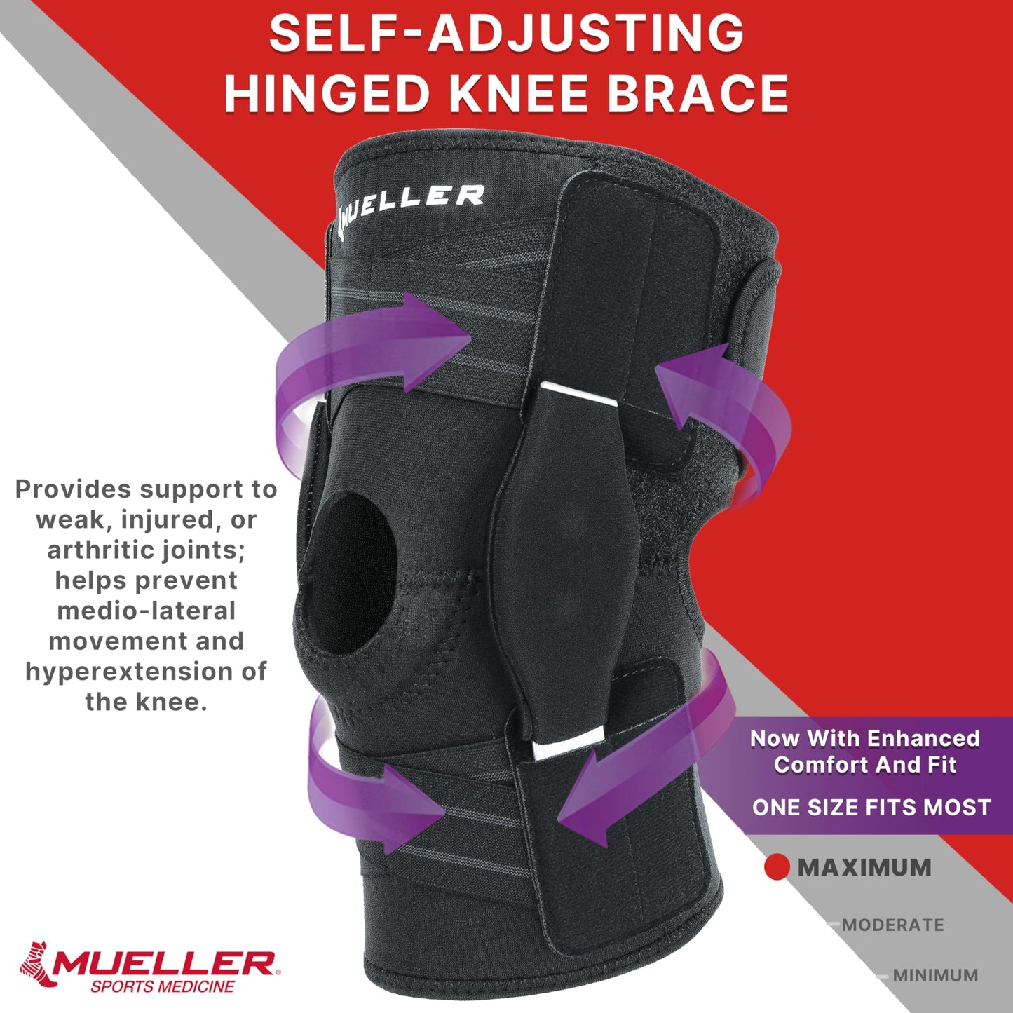 MUELLER Sports Medicine Self Adjusting Hinged Knee Brace for Men and Women, Knee Stabilizer for Compression and Pain Relief Support, Ideal for Arthritis, Sprains, Black, One Size